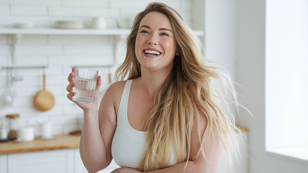 a bright and airy aesthetic of a radiant, happy woman with long, flowing blonde hair in her 30's or 40's, who is a little on the full-figured size, standing in a bright, airy kitchen. She has glowing, youthful skin, and an energized smile. She is holding a glass of water. The kitchen is modern farmhouse in style and has bright natural lighting, and a clean, minimalistic background.