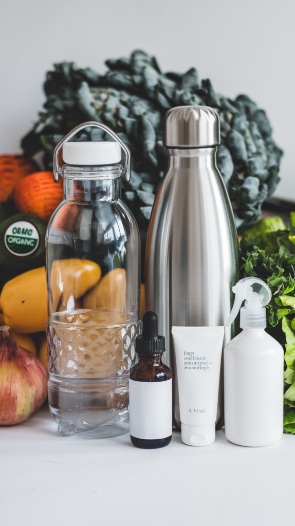 A photo of a glass water bottle, a stainless steel water bottle, a bunch of organic produce with the organic label, and clean, natural skincare and cleaning product bottles. The glass and stainless steel bottles are placed beside each other, with the organic produce behind them. The natural skincare and cleaning product bottles are placed below the organic produce. The background is white.