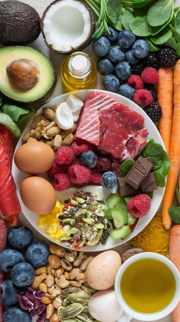 a plate filled with a variety of health-boosting foods. There are avocados, a small bottle of olive oil, and coconut oil as sources of healthy fats. There are lean proteins such as grass-fed beef, wild-caught fish, and eggs. There are antioxidant-rich fruits and vegetables like berries, spinach, and carrots. There are nuts, seeds, and leafy greens for magnesium and B-vitamin sources. There are polyphenol-packed foods like dark chocolate, a cup of green tea, and a sprinkle of turmeric. The plate is arranged in a visually appealing manner, with the different food groups in distinct sections.