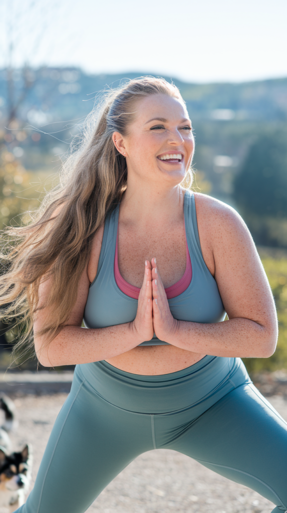 a bright and airy aesthetic of a radiant, happy woman with long, flowing blonde hair in her 30's or 40's, who is a little on the full-figured size, standing outside in the bright sunshine, wearing athletic gear and in a yoga pose. She has glowing, youthful skin, and an energized smile. She is surrounded by beautiful scenery and a small dog nearby.