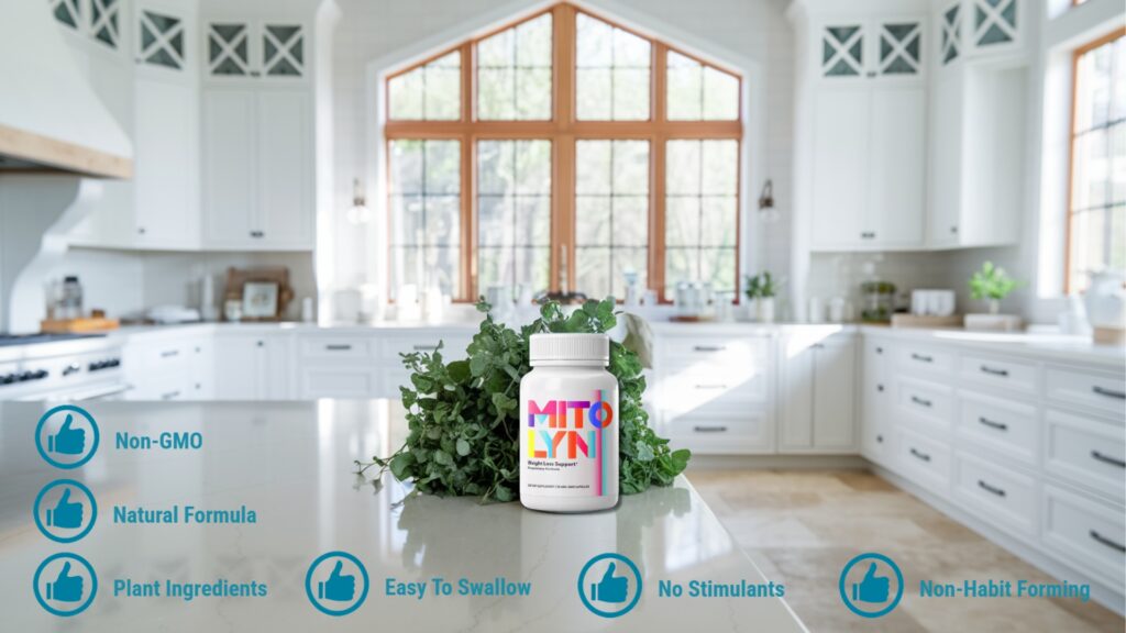 A photo of a Mitolyn pill bottle sitting on a white marble countertop in a large modern farmhouse kitchen with white cabinets. The overall feeling is bright and airy with light blue decor accents. The pill bottle is partially hidden by a small bouquet of fresh herbs. The background reveals a large window with a wooden frame, allowing natural light to fill the kitchen.