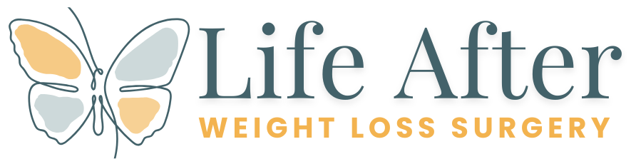 logo for brand life after weight loss surgery with butterfly in white, blue and yellow